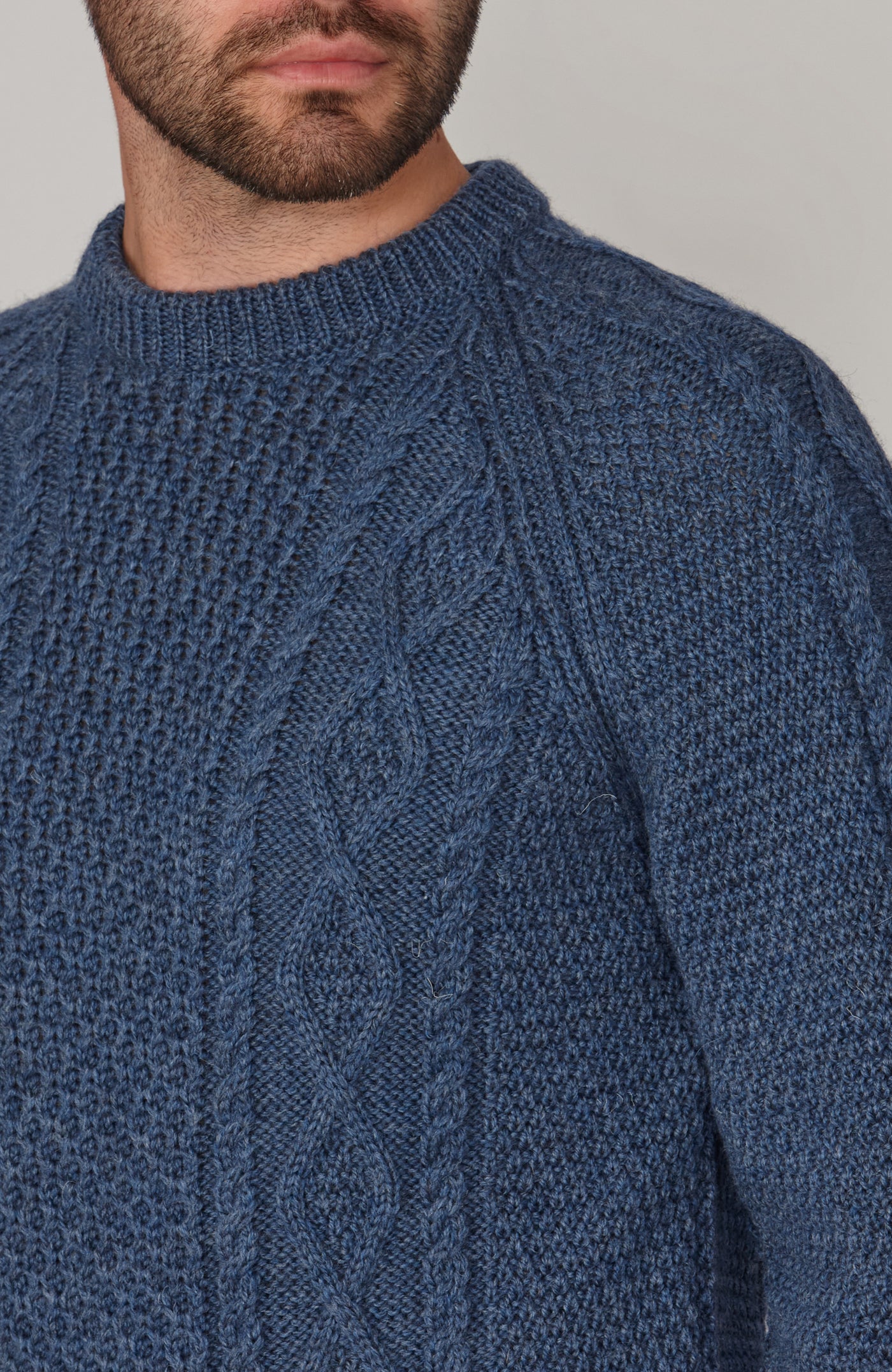 blue mens chunky merino wool cable jumper
