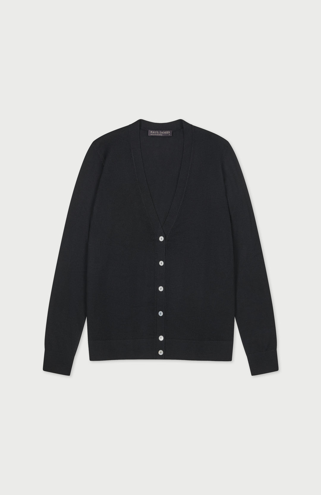 Woman's black fine merino wool cardigan made by Paul James Knitwear using Italian-spun yarn from zenga baruffa
