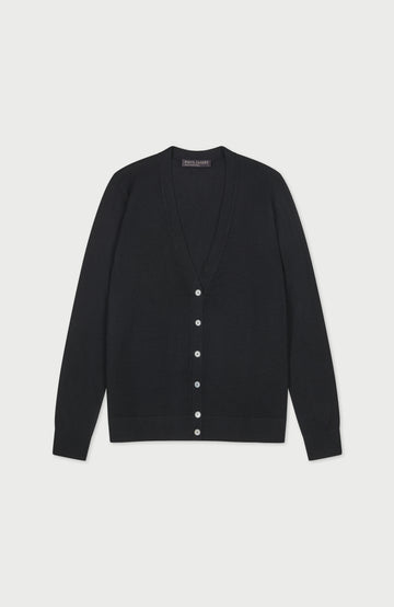 Woman's black fine merino wool cardigan made by Paul James Knitwear using Italian-spun yarn from zenga baruffa
