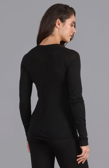 Black womens merino wool round neck jumper by Paul James