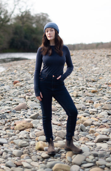 Navy women's merino wool base layer by Paul James Knitwear.