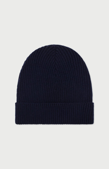 Navy Ribbed Extra Fine Merino Wool Beanie By Paul James