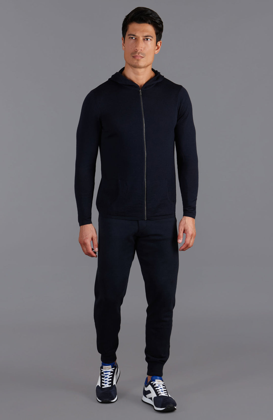 mens navy merino wool hooded jumper by Paul James