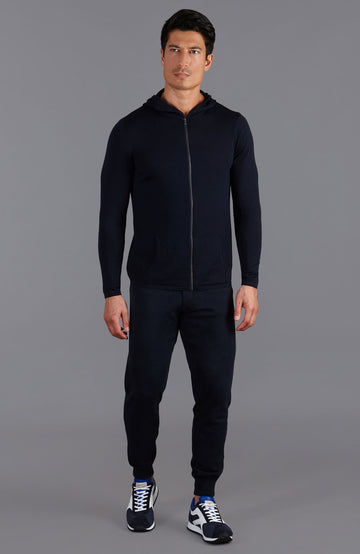 mens navy merino wool hooded jumper by Paul James