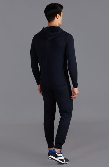 mens navy merino wool hooded jumper by Paul James
