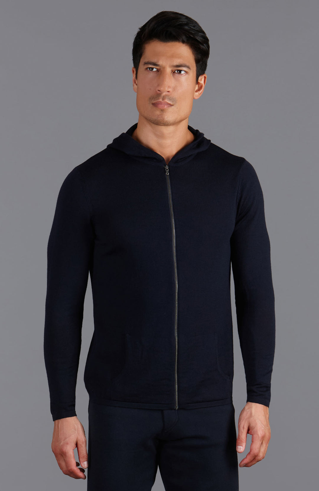 mens navy merino wool hooded jumper by Paul James