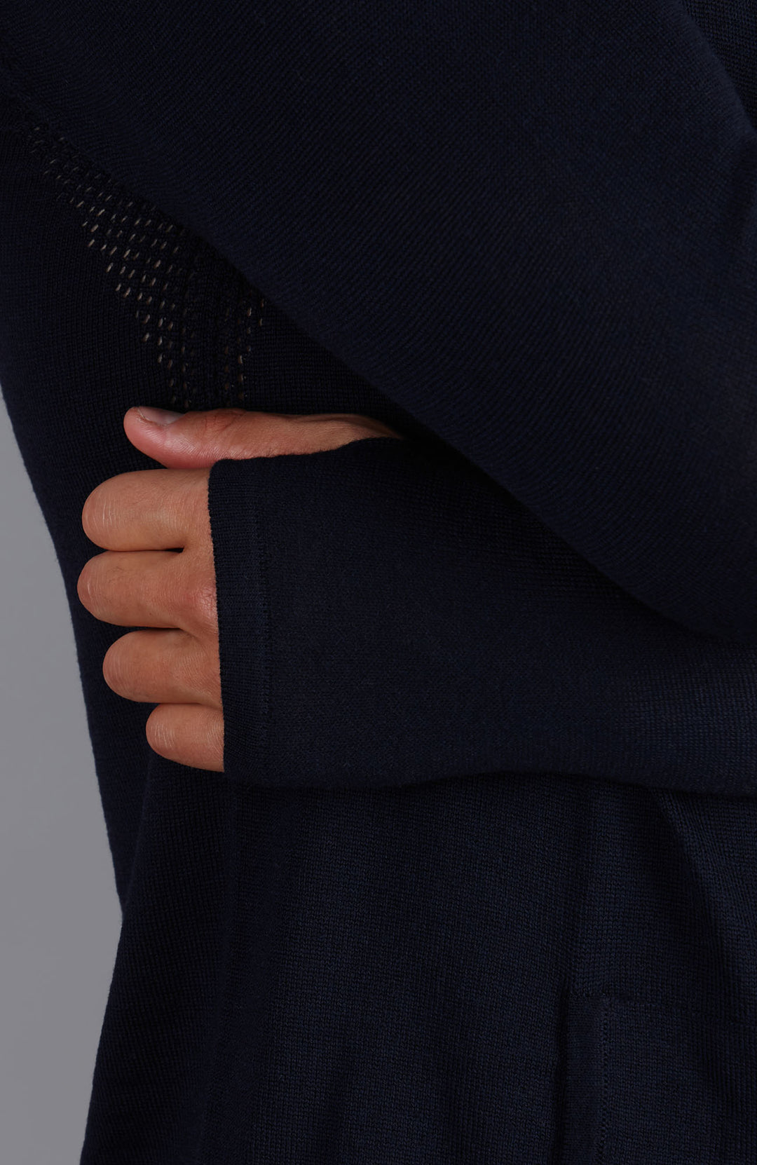 mens navy merino wool hooded jumper by Paul James