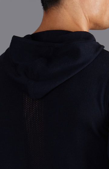 mens navy merino wool hooded jumper by Paul James