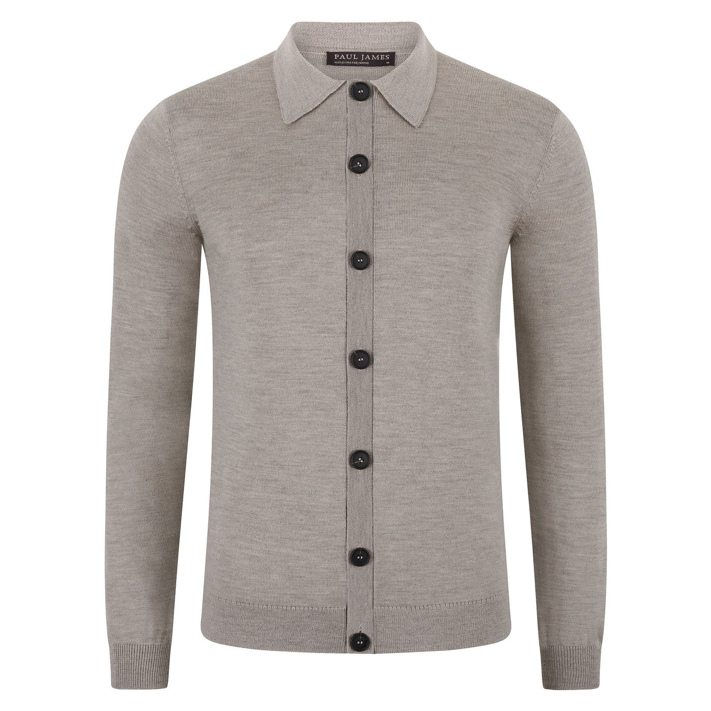 beige mens polo neck cardigan merino wool