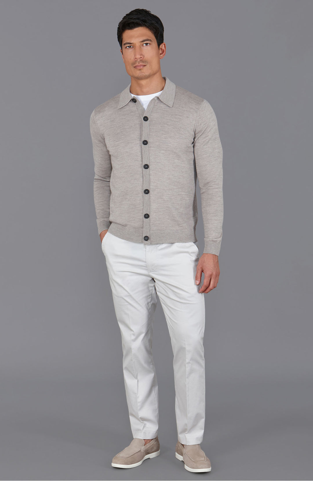 beige mens polo neck cardigan merino wool by Paul James