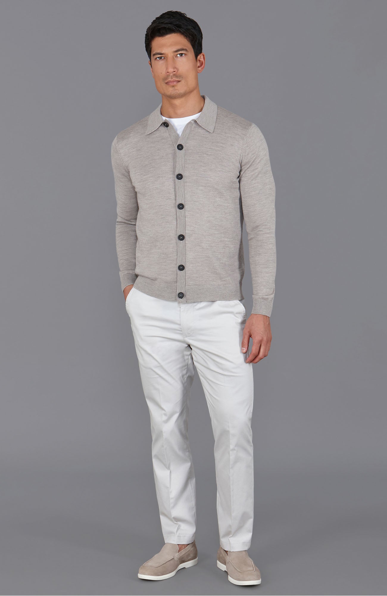 beige mens polo neck cardigan merino wool