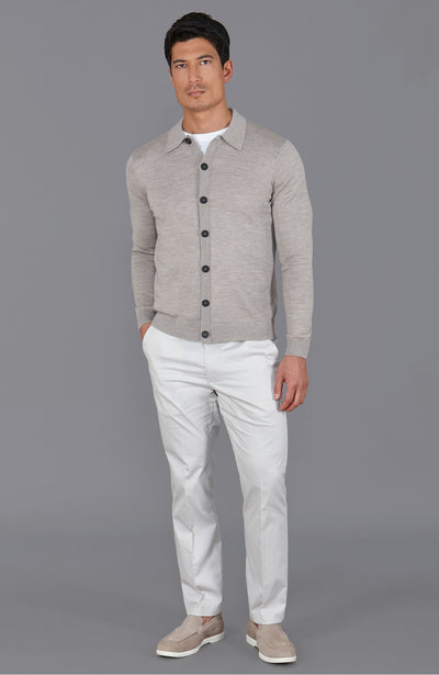 beige mens polo neck cardigan merino wool