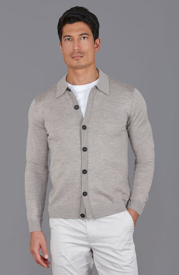 beige mens polo neck cardigan merino wool by Paul James