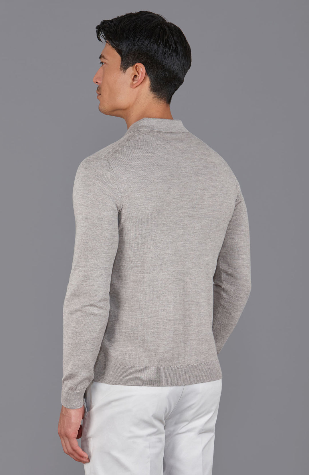 beige mens polo neck cardigan merino wool by Paul James