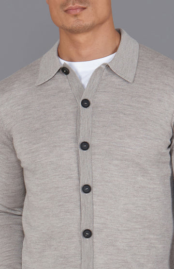 beige mens polo neck cardigan merino wool by Paul James