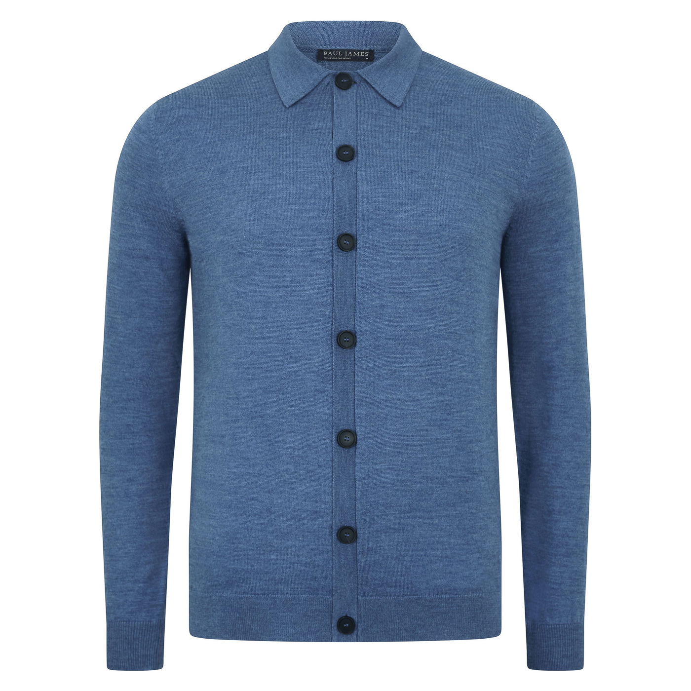 Man wearing a denim blue merino wool button-up shirt against a gray background