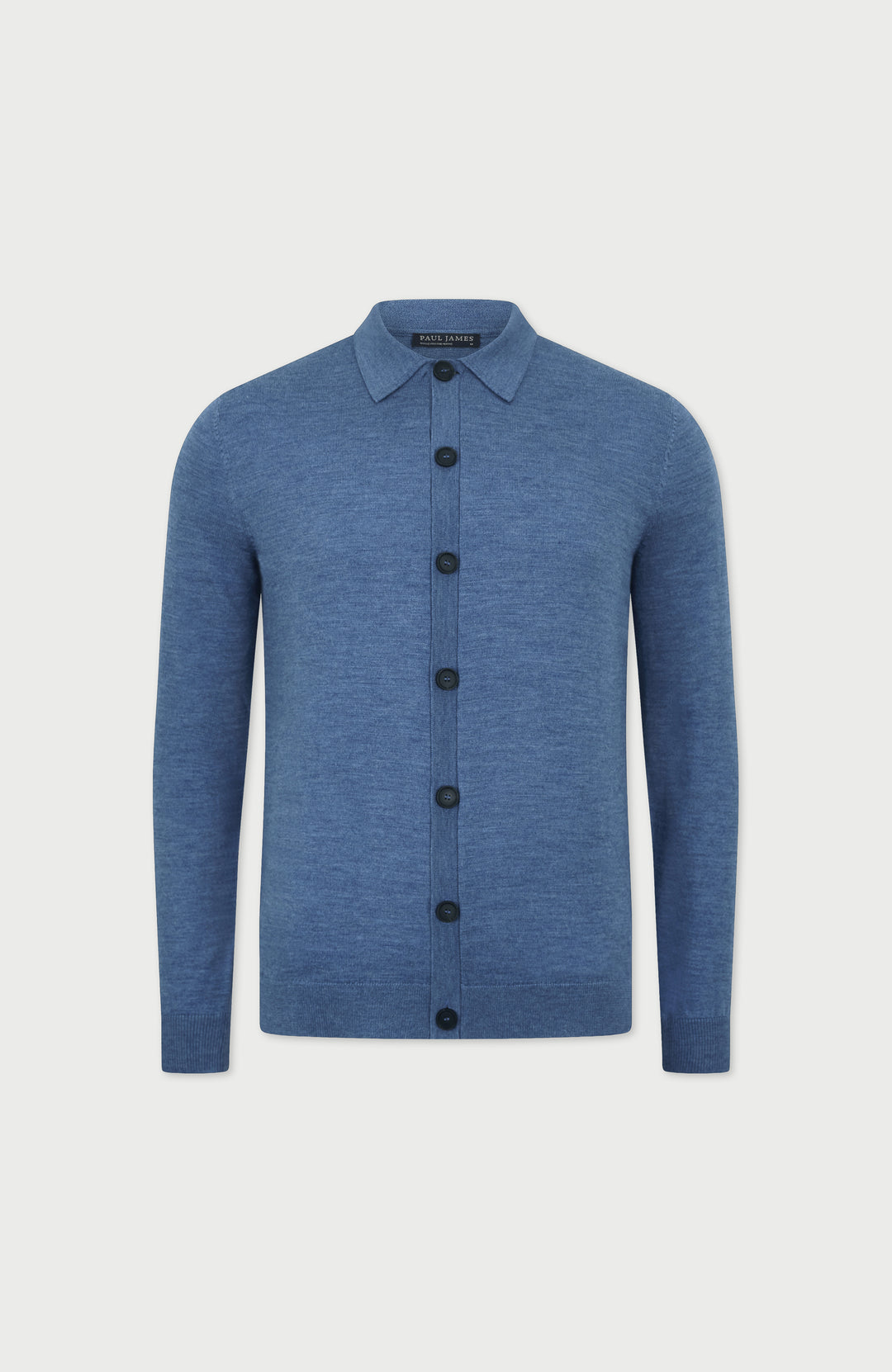 Denim Blue Mens Extra Fine Merino Wool Polo Cardigan