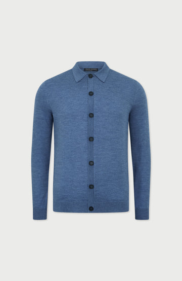 Denim Blue Mens Extra Fine Merino Wool Polo Cardigan