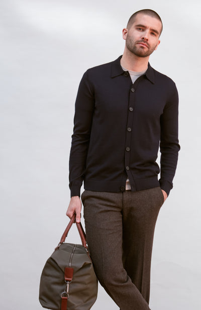 navy mens knitted polo cardigan jumper