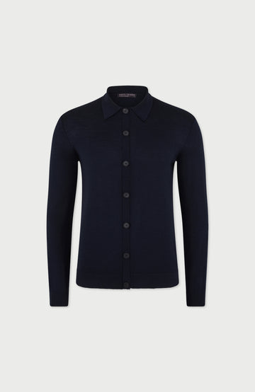 Navy Mens Extra Fine Merino Wool Polo Cardigan