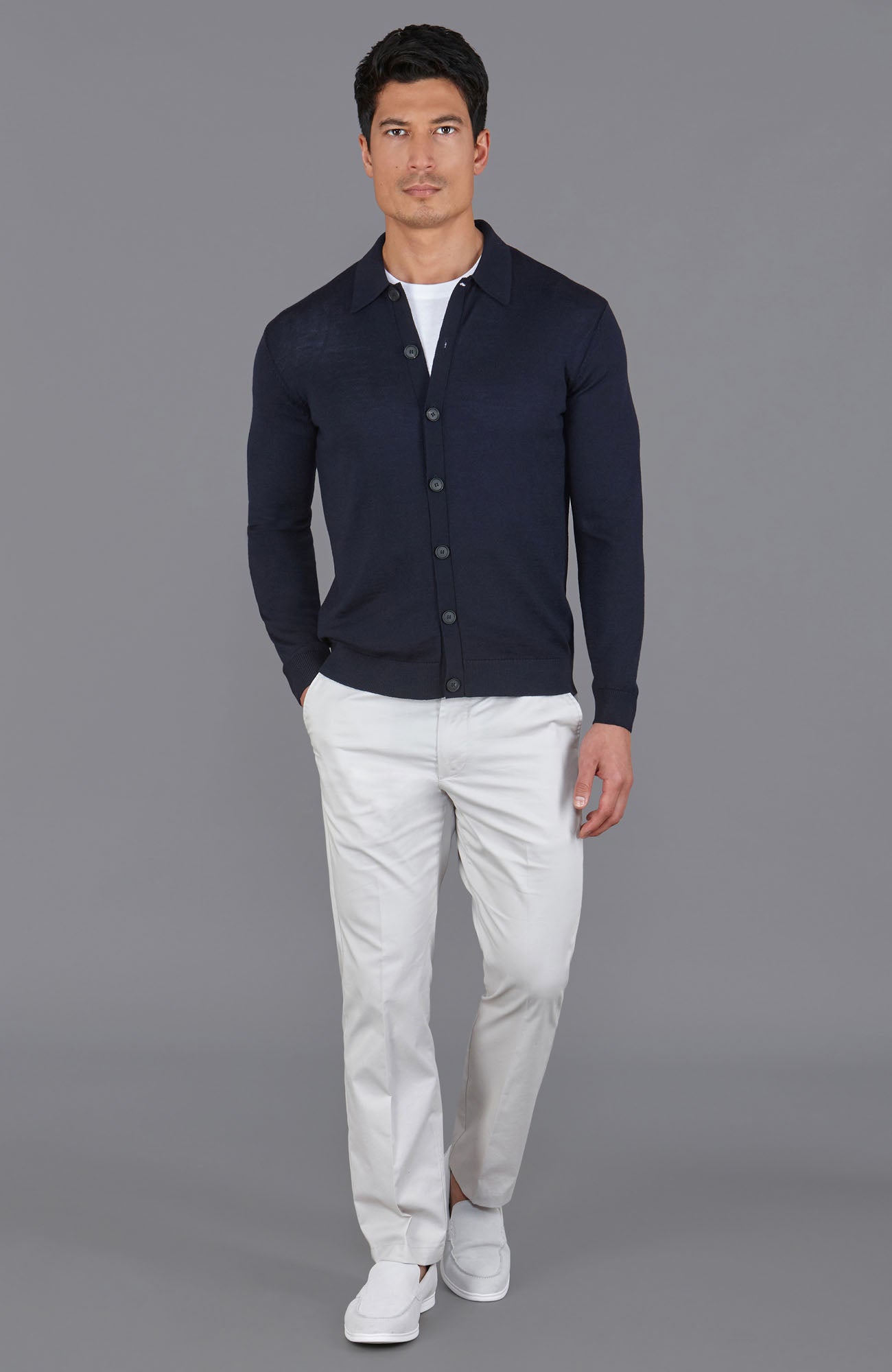 navy mens polo neck cardigan merino wool