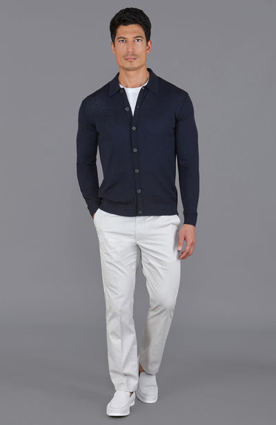 navy mens polo neck cardigan merino wool