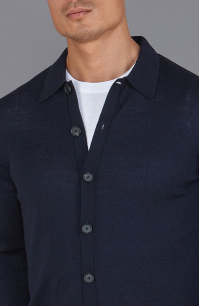 navy mens polo neck cardigan merino wool