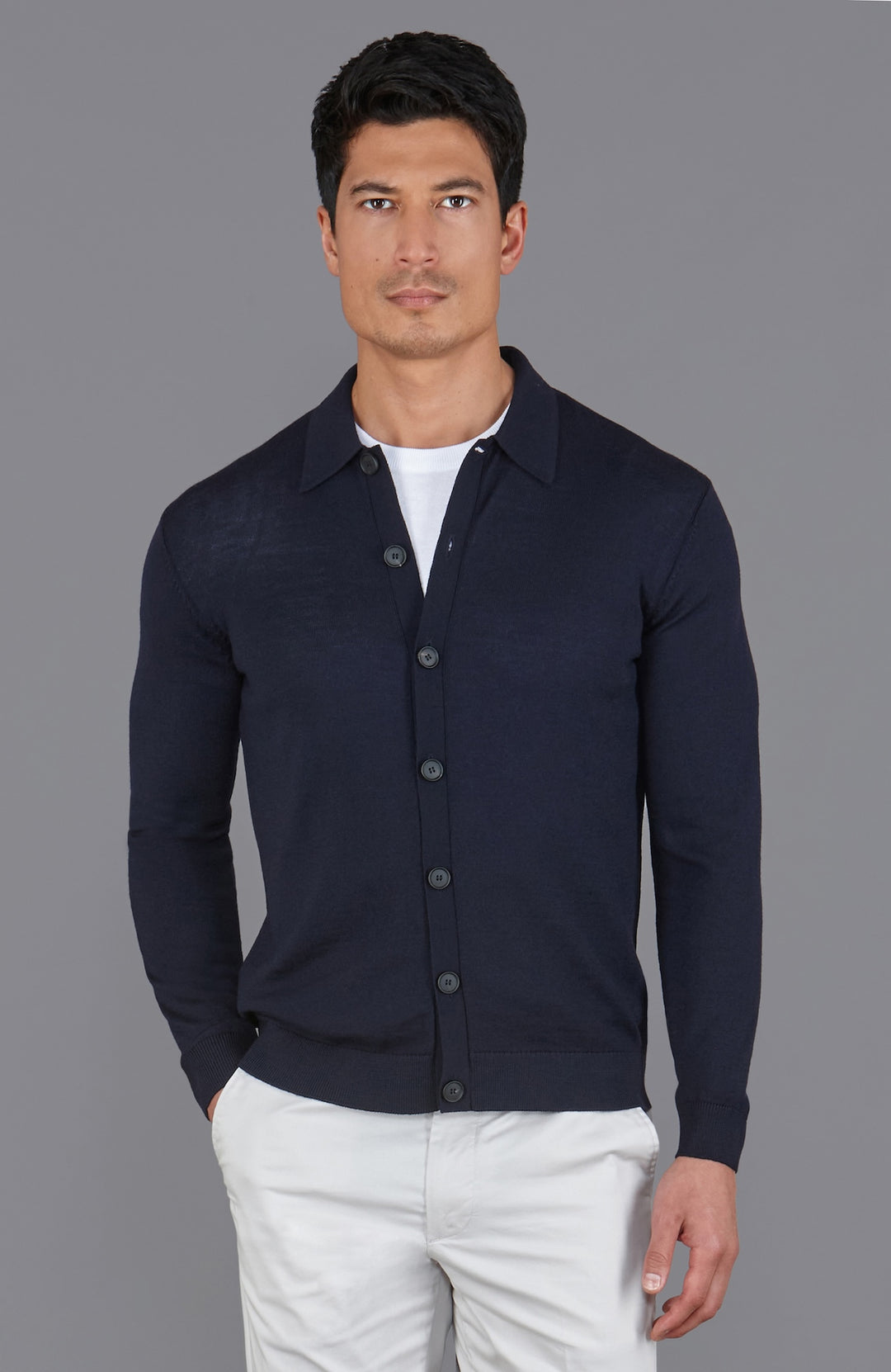 navy mens wool polo cardigan by Paul James