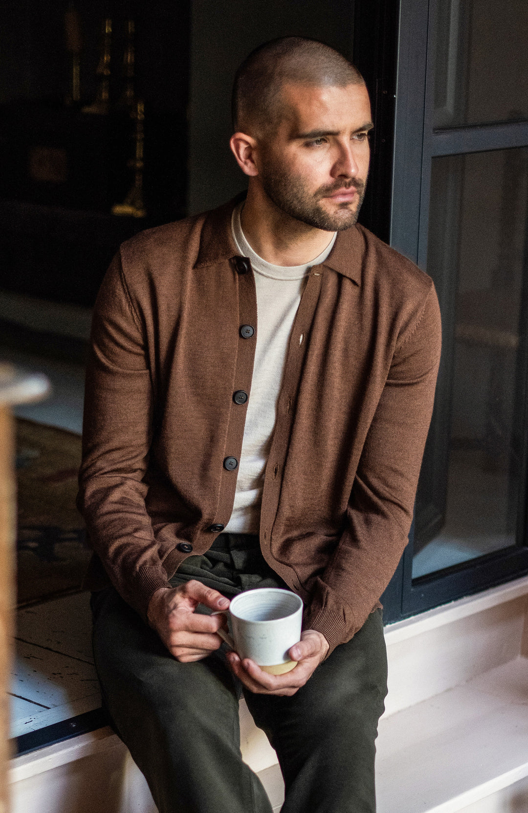 Oak Brown mens merino wool polo cardigan by Paul James