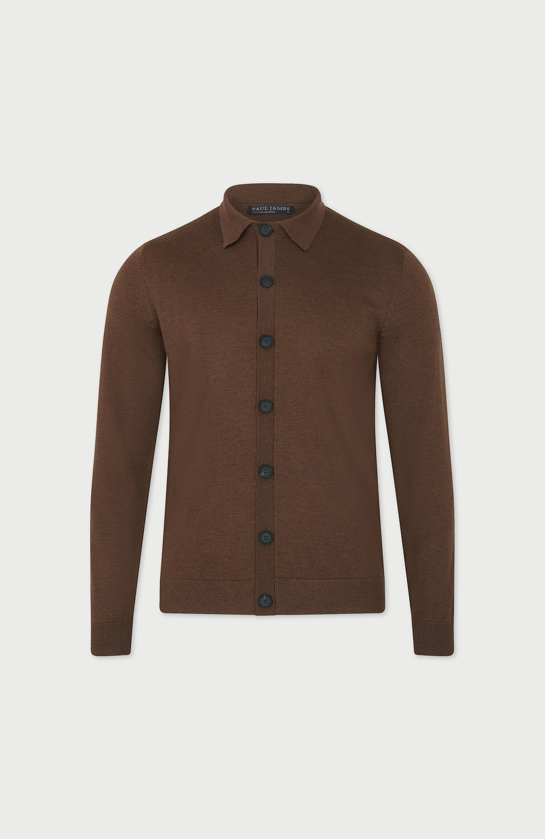 Oak Brown Mens Extra Fine Merino Wool Polo Cardigan