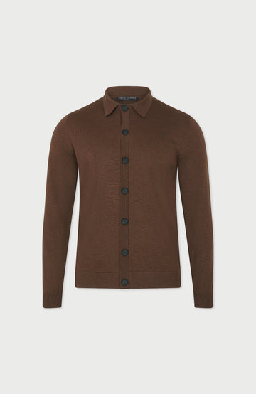 Oak Brown Mens Extra Fine Merino Wool Polo Cardigan