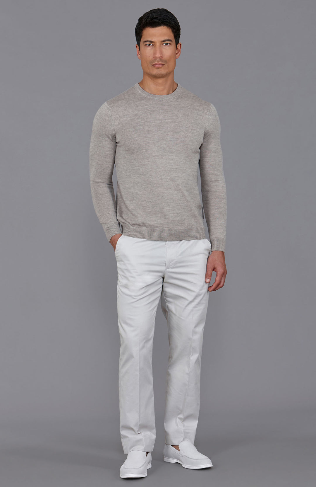 beige mens crew neck fine merino wool jumper by Paul James