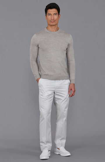 beige mens crew neck fine merino wool jumper by Paul James