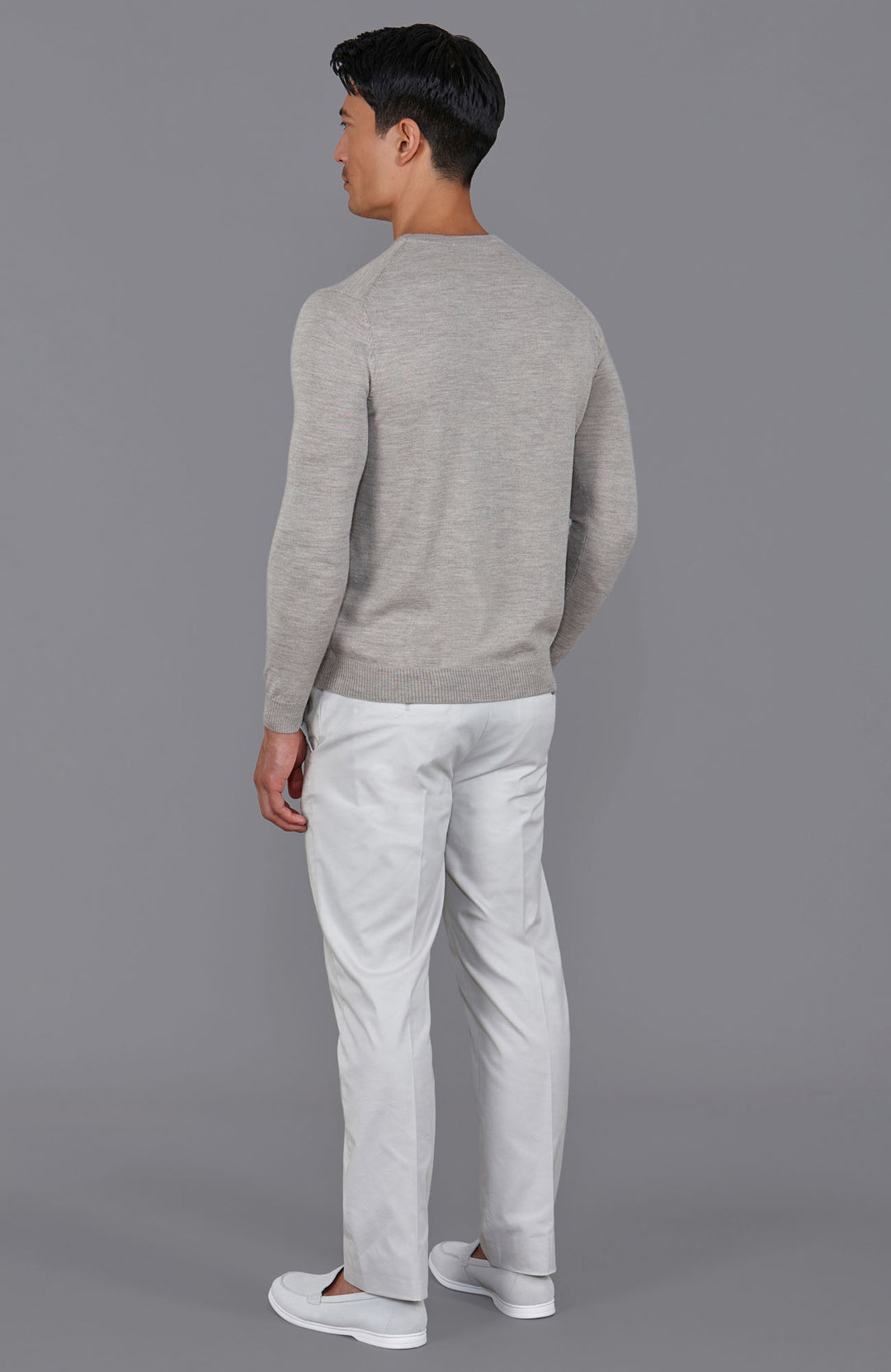 beige mens crew neck fine merino wool jumper by Paul James