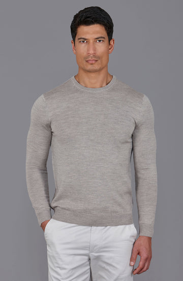 beige mens crew neck fine merino wool jumper by Paul James