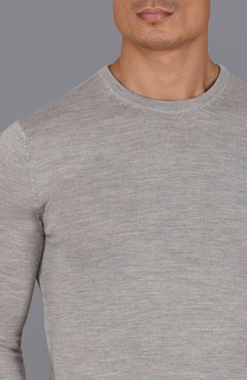 beige mens crew neck fine merino wool jumper by Paul James