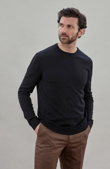 Black Mens Extra Fine Merino Wool Crew Neck Jumper By Paul James