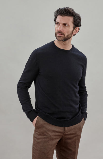Black Mens Extra Fine Merino Wool Crew Neck Jumper By Paul James 