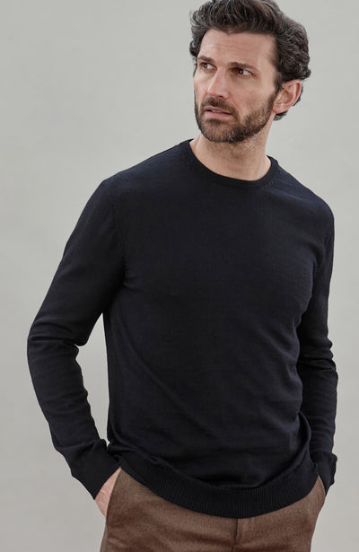 Black Men's Extra Fine Merino Wool Crew Neck Jumper by Paul James Knitwear 