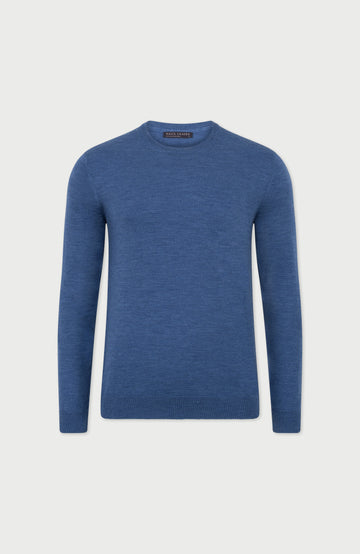 Denim Blue Mens Extra Fine Merino Wool Crew Neck Jumper By Paul James