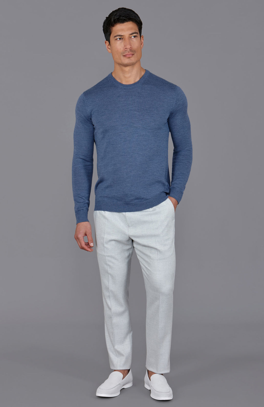 blue mens crew neck fine merino wool jumper by Paul James