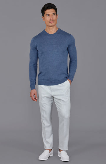 blue mens crew neck fine merino wool jumper by Paul James