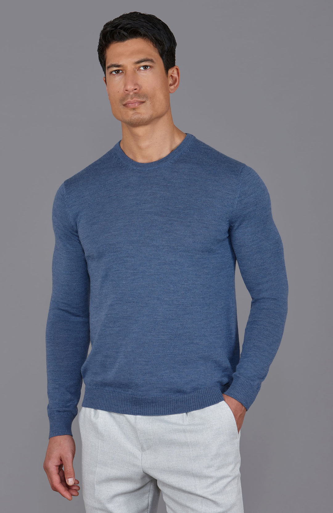 blue mens crew neck fine merino wool jumper by Paul James
