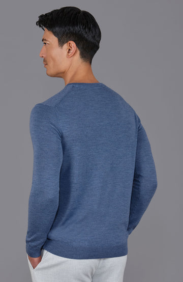 blue mens crew neck fine merino wool jumper by Paul James