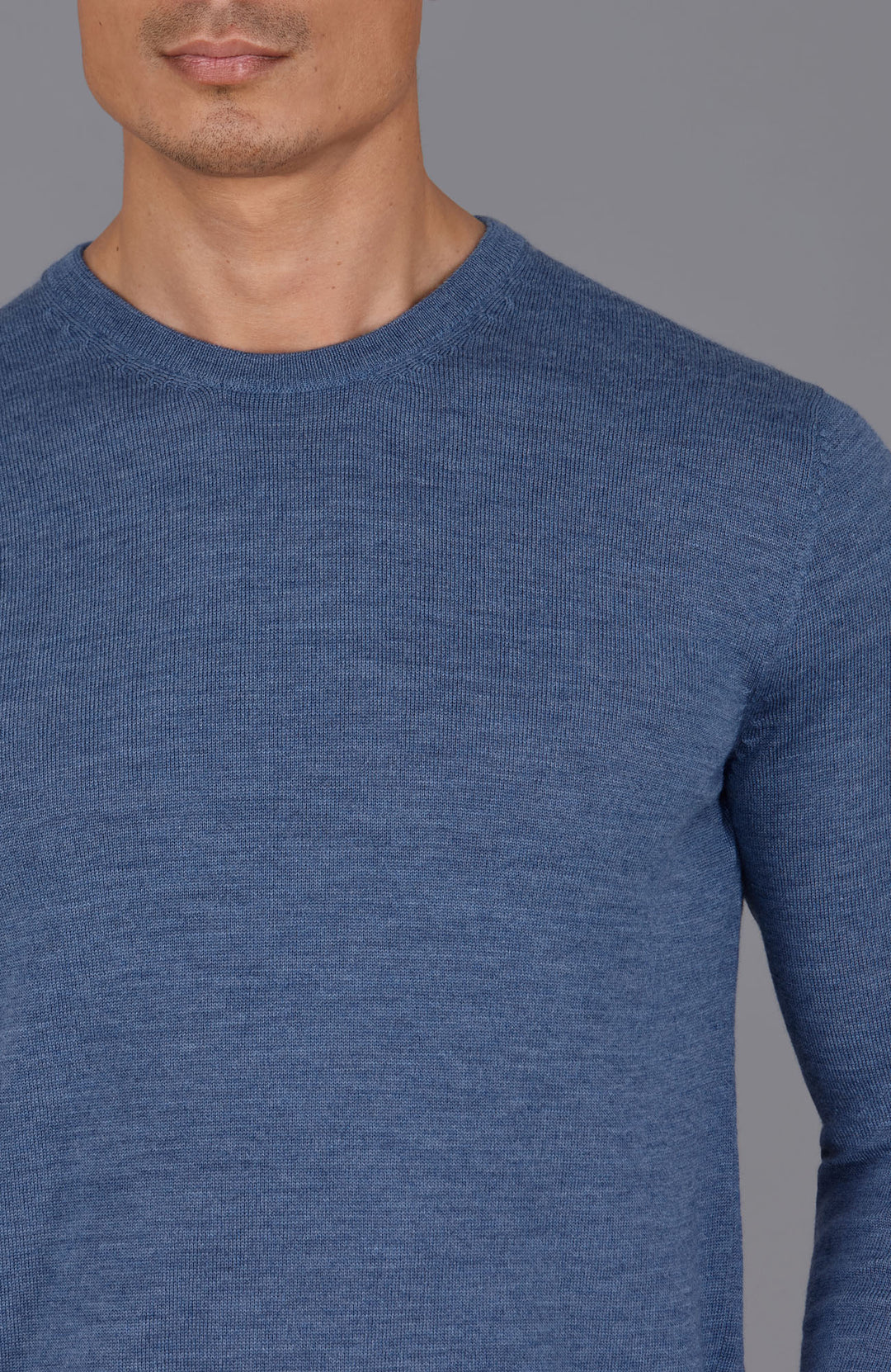 blue mens crew neck fine merino wool jumper by Paul James