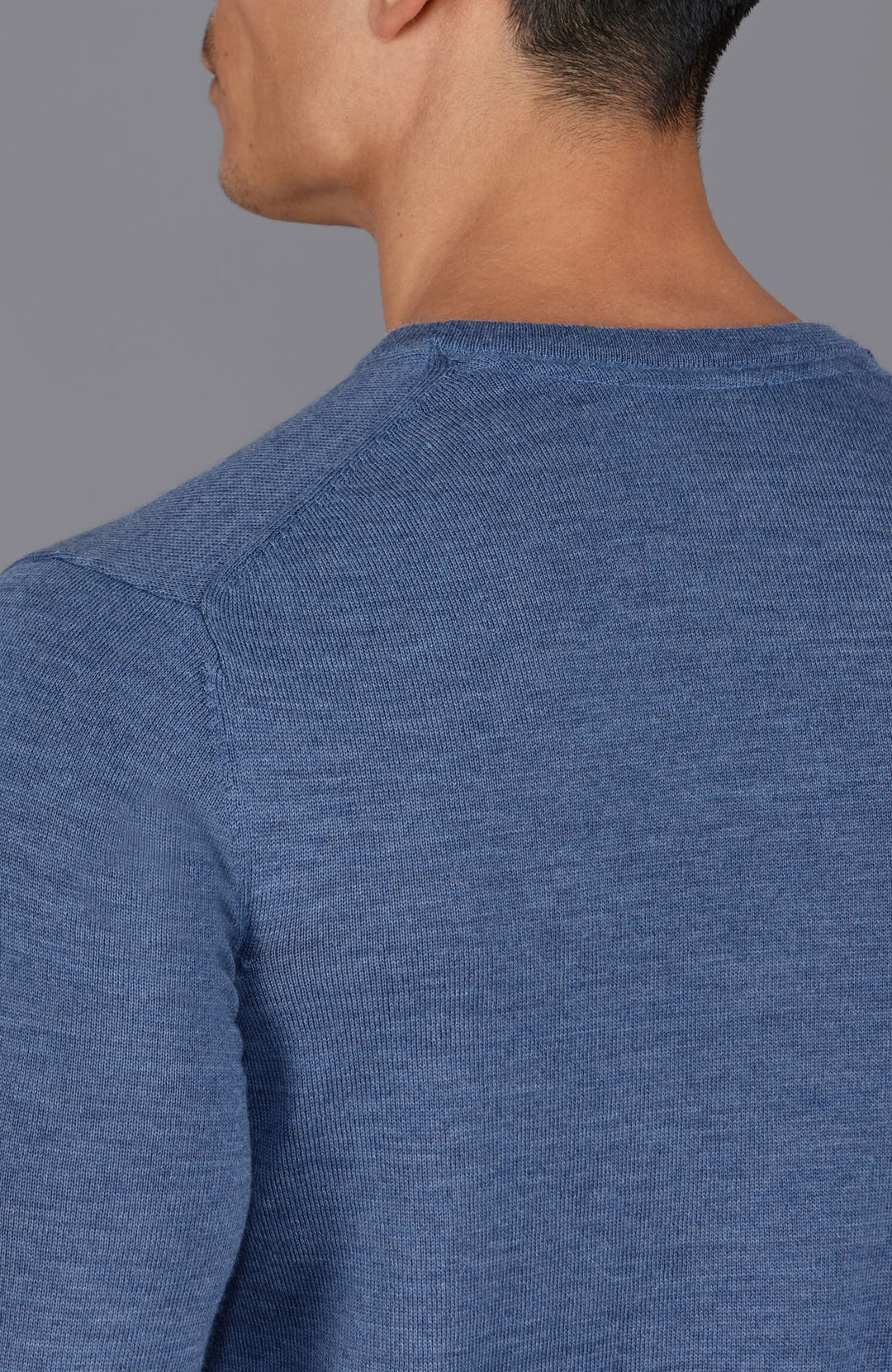 blue mens crew neck fine merino wool jumper by Paul James