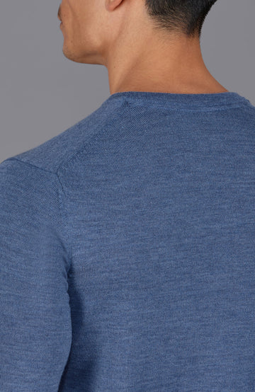 blue mens crew neck fine merino wool jumper by Paul James