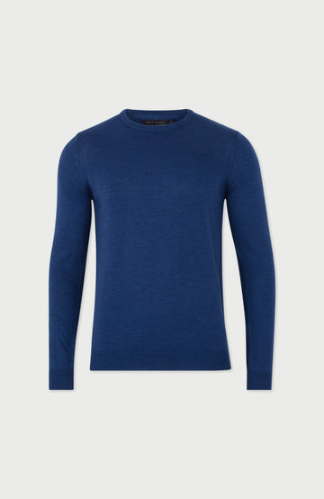 Indigo Blue Mens Extra Fine Merino Wool Crew Neck Jumper By Paul James
