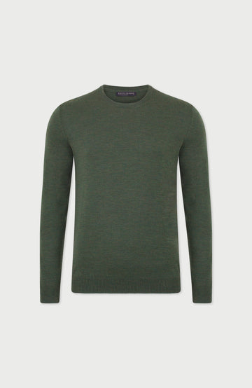 Khaki Mens Extra Fine Merino Wool Crew Neck Jumper By Paul James