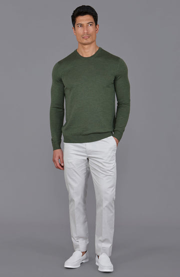 green mens crew neck fine merino wool jumper by Paul James